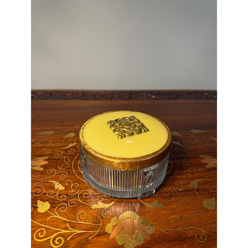 Vintage Glass Powder Jar‎ Gold Lid Floral Trinket Box